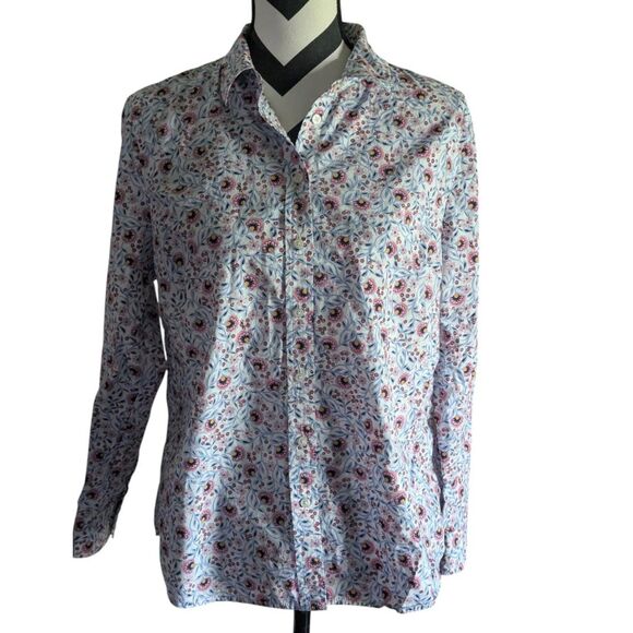 Talbots Petite LP Pink Blue Floral Print 100% Cotton Button Up Shirt - Picture 1 of 5